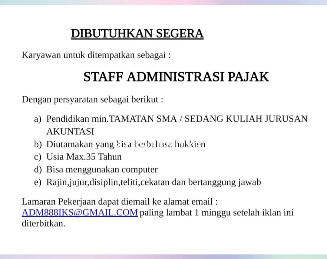 Lowongan Kerja Staff Administrasi Pajak